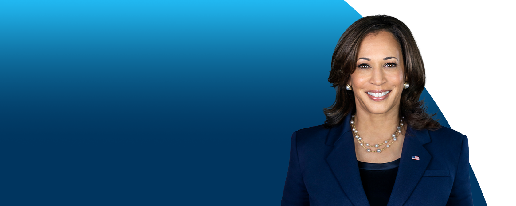 blue and white background with a picture of Kamala Harris