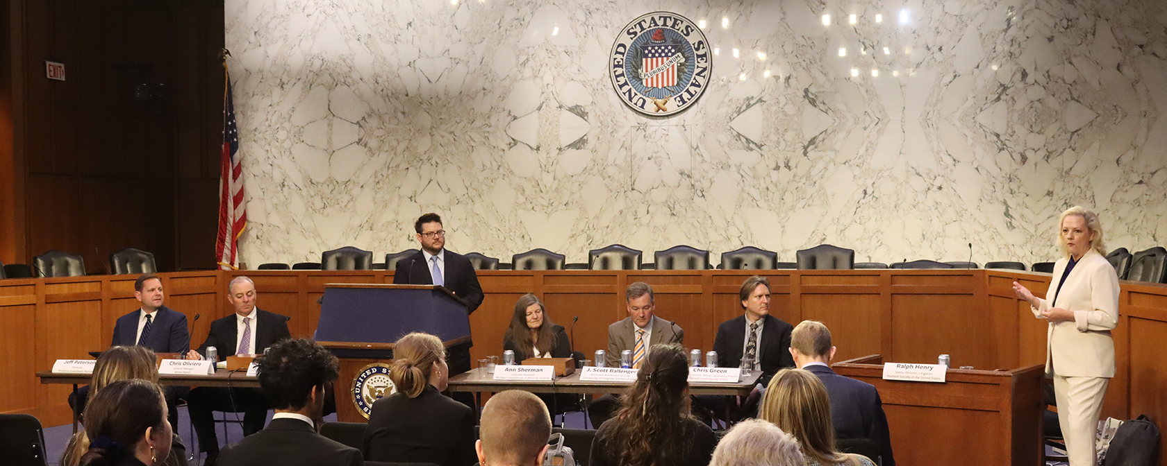 Sara Amundson, HSLF president, addresses attendees at a Congressional briefing on the EATS Act.