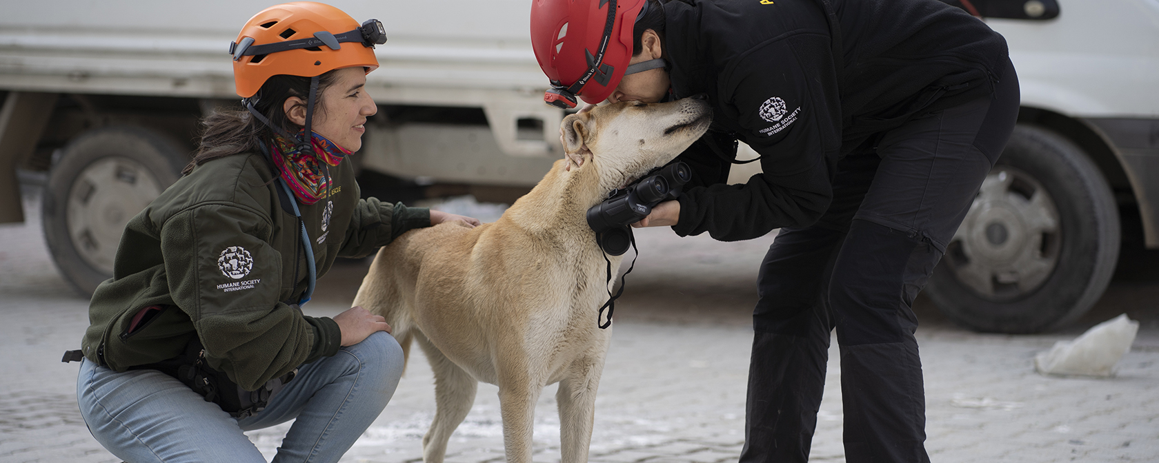 two woman cuddle a dog after rescuing him from an earthquake