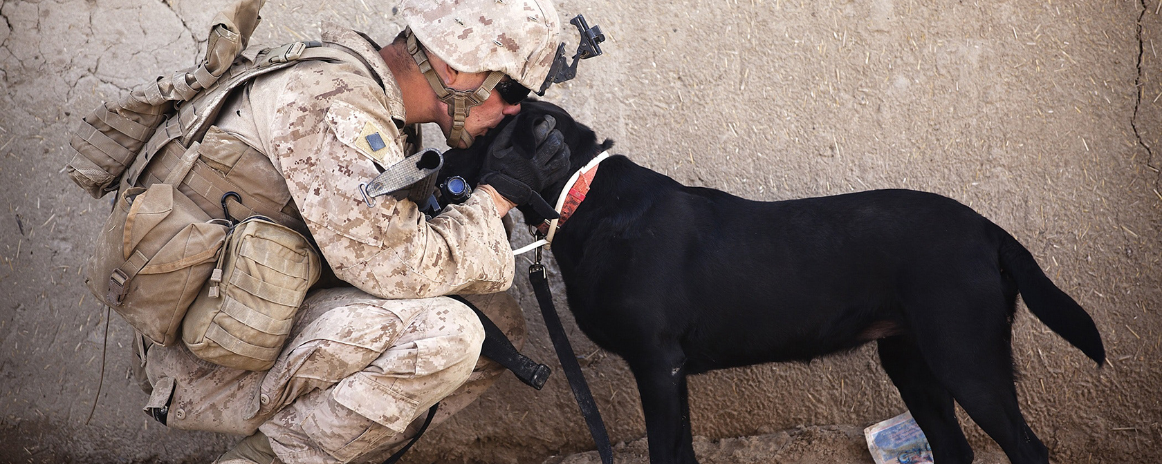 Soldier and Black Dog Cuddling