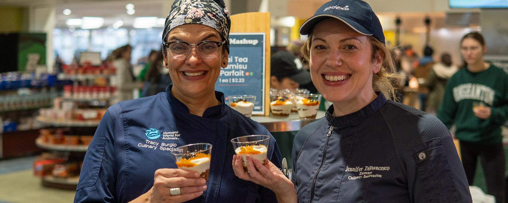 Student engagement event with Chef Jen and Chef Tracy serving Thai Tea Tiramisu