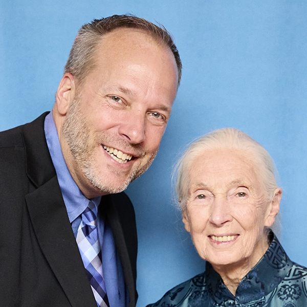 Jeff Flocken (left) and Jane Goodall at Goodall's birthday celebration.